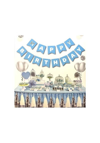 Beysüs Mavi Üstüne Gümüş Gri Yaldızlı Happy Birthday Yazılı Doğum Günü Partisi Karton Standart