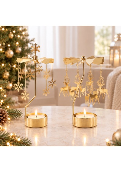 Döner Mumluk Yılbaşı Süsü Geyik Ve Kar Tanesi Dekoratif Tealight Mumluk