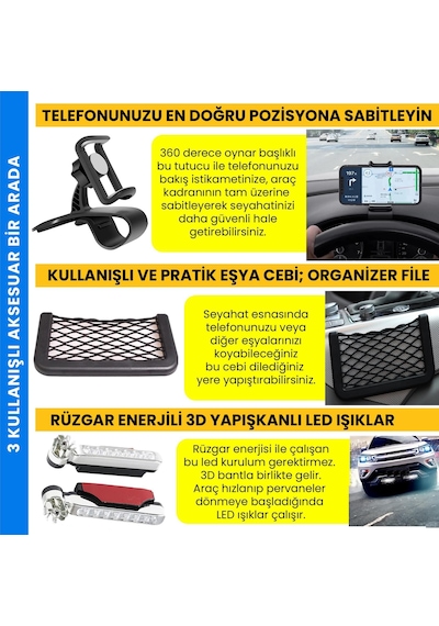 Upway 3 İn 1 Araç İçi Universal Telefon Tutucu Ve Organizer File Eşya Cebi Rüzgar Enerjili Led Lamba li Siyah