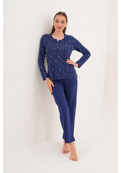 Çift Kaplan Kadın Pamuk Modal Yıldızlı Açık Patlı Lacivert Pijama Takımı 7005 Lacivert