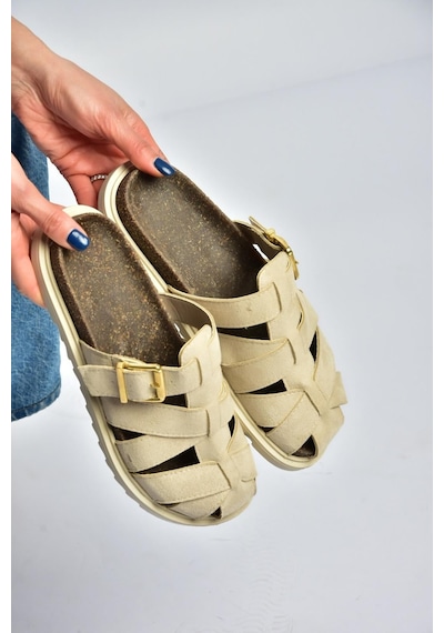 Fox Shoes Y596549502 Bej Süet Tokalı Önü Kapalı Kadın Terlik