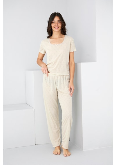 Siyah İnci Pointel Ajurlu/delikli Örme Pijama Takım7893 Taş Rengi