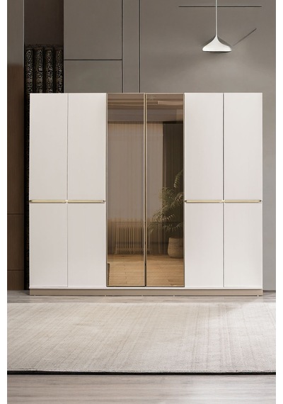 Alfa 6 Kapaklı Aynalı Mdf Gardırop Bej