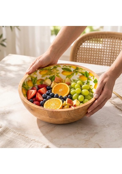Mango Ağacı Kase 25 Cm, Limon Desenli Geniş Salata Ve Servis Kasesi, 10 Cm Yükseklik, Dekoratif Ahşap Sunum Kasesi Diğer