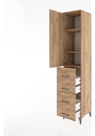 Hyperion Dolap 3 Raflı 4 Çekmeceli Tek Kapaklı 44x44x221 Çam-çam Çam