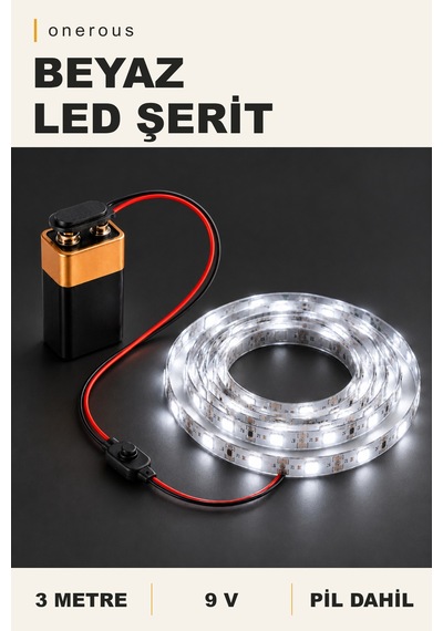 Onerous 3 M 9v Beyaz Led Şerit, Pilli, Pil Dahil, Anahtarlı