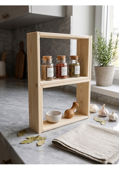 Nest Wood Doğal Ham Ahşap 2parça Modüler Baharatlık Rafı Mutfak Tezgah Üstü Düzenleyici Baharat Standı 45x65cm
