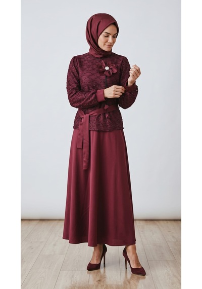 Ece Giyim Kadın Etek Saten Mevlana Model Üst Dantel İçi Astarlı Manşetli Düğünlük Takım Bordo Ece Giyim Kadın Etek Saten Mevlana Model Üst Dantel İçi Astarlı Manşetli Düğünlük Takım Bordo