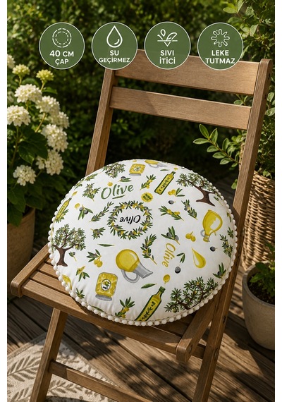 Yuvarlak Minder 40 Cm Çap Zeytin Desenli Dekoratif Minder Beyaz Ponponlu Su Geçirmez Sıvı İtici Çok Renkli