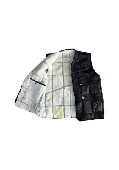 Lnleather Patchwork Içi Kürk-Dışı Süet Hakiki Deri Biye Siyah-Beyaz Yelek