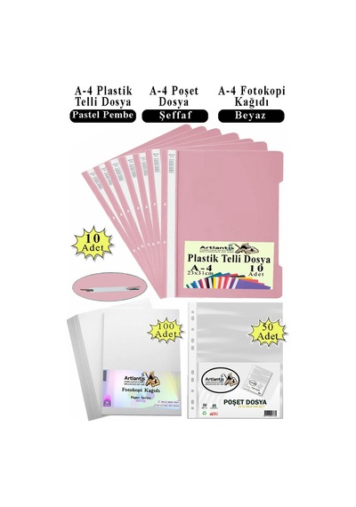 Telli Dosya Plastik A4 10 Lu Poşet Dosya 50 Li A4 Fotokopi Kağıdı 100 Adet 1 Paket Ekonomik Kaliteli Şeffaf Kapak Dosya Pembe - Kırmızı