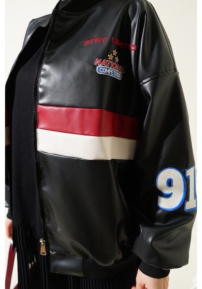 Bigdart T0698 Baskılı Suni Deri Bomber Ceket - Siyah