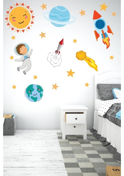 MSticker Sevimli Astronot, Uzay Mekiği, Güneş, Yıldızlar Gezegen Sticker Seti Çocuk Bebek Odası