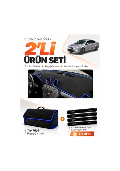 Ford Mondeo Mk4 2008-2014 Uyumlu Torpido Örtüsü + Tay Tüyü Bagaj Çantası + Sticker - Siyah Mavi