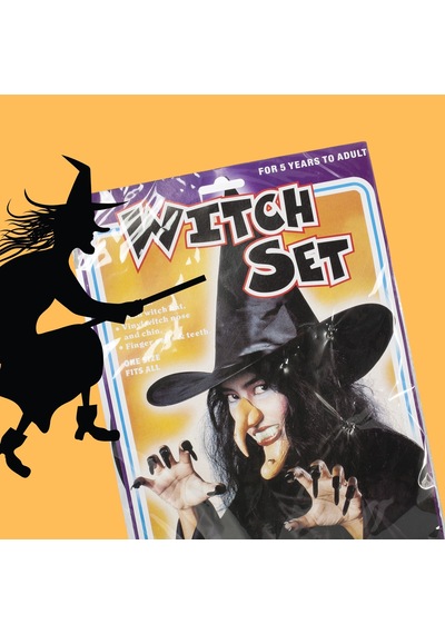 Cadılar Bayramı Halloween Cadı Kostüm Seti Şapka Burun Çene Tırnaklar Ve Diş 14 Parça
