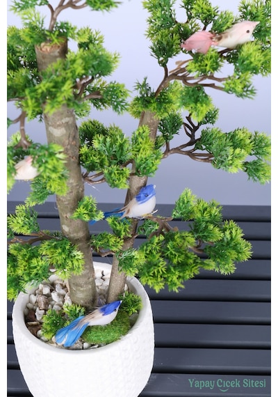 Yapay Çiçek Sitesi Dekoratif Saksıda Yapay Kuşlu Bonsai Ağaç 55 Cm Yeşil