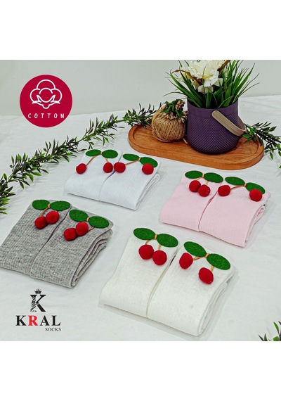 Kral Socks Kız Çoçuk Çorap Kiraz Desenli Renkli Pamuklu Okul Çorabı