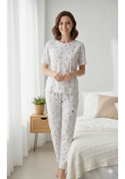 Modasehle Kadın 3'lü Kısa Kollu Yüksek Bel Bisiklet Yaka Üst Alt Şort Pijama Takım Desenli
