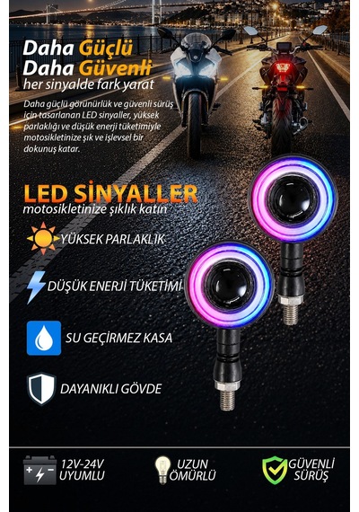 Rgb Motosiklet Led Sinyal Lambası Yuvarlak Angel Halk + Kayan Sinyal Lamba + Kırmızı Flaş İkaz Mod