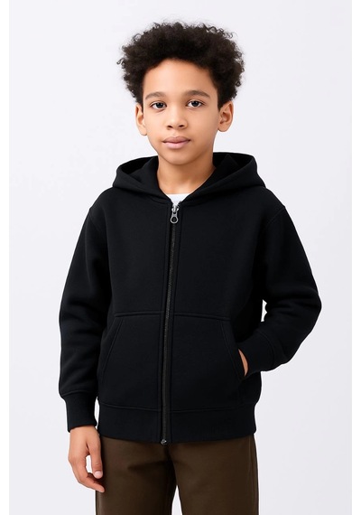 Barlashive Erkek Çocuk Kapüşonlu Kanguru Çepli Tam Fermuarlı Hırka Sweatshirt - Siyah Çok Renkli