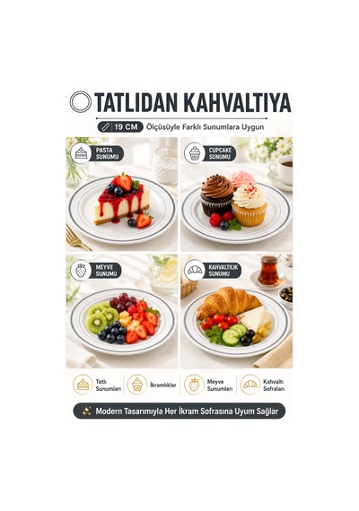 6'lı Set I Gümüş Çift Çizgili 19 Cm Plastik Tabak Porselen Görünümlü Davet Ve Misafir Sofraları