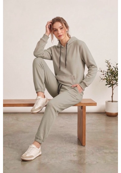 Moibody Kadın 3 İplik Şardonlu Eşofman Takımı Premium Kapüşonlu Sweatshirt Ve Jogger Alt Bej Bej