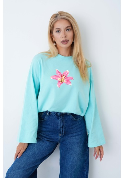 Medinenur Kadın Lily Çiçeğ Baskılı Uzun Kollu Oversize Body Yeşil