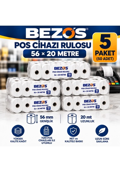 Bezos Termal Pos Cihazı Rulosu 56 Mm X 20 M - 50 Adet 5 Paket Yazar Kasa Slip Rulosu Rengaren