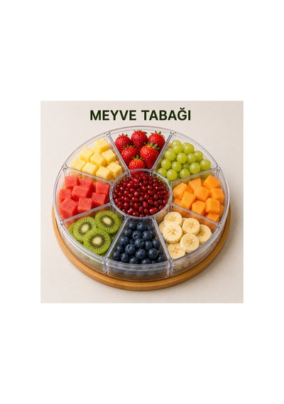 %100 Bambu Tabanlı 9 Bölmeli Çerezlik, Atıştırmalık Sunum Tabağı- Şeffaf Plastik Bölmeli Ve Plastik Kapaklı Bej