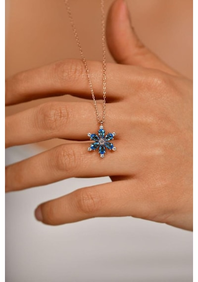 Roza Silver Akuamarin Taşlı Rose Lotus Çiçeği Gümüş Kolye Rn10228