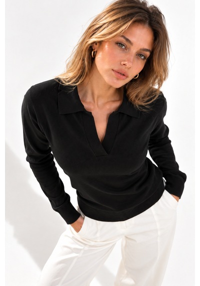 Wild Bee Kadın Siyah Polo Yaka Uzun Kollu Triko Bluz