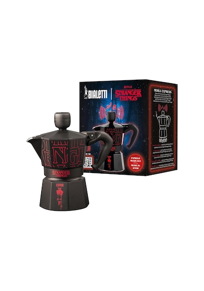 Moka Express Stranger Things: 3 Cups Ocak Üstü Espresso Pişirici, Müzikli, 130ml, Siyah, Patentli Güvenlik Valfi