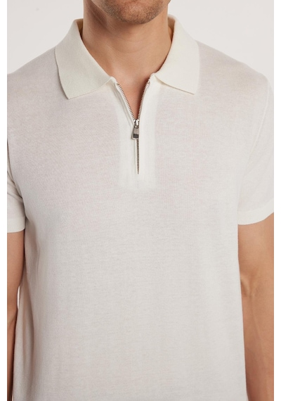 Tudors Erkek Slim Fit Dar Kesim Pamuklu Örme Triko Fermuarlı Beyaz Polo Yaka Tişört-33177 Beyaz