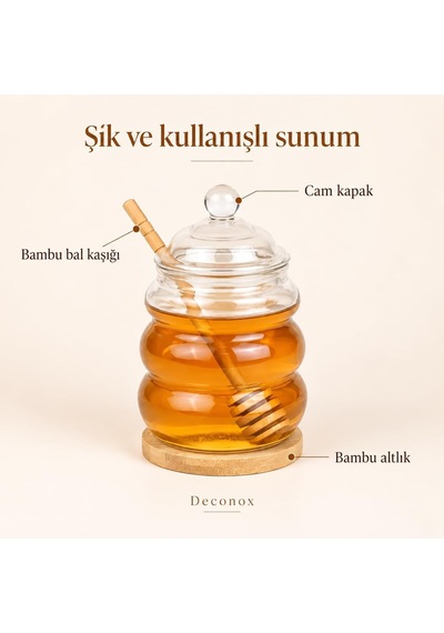 Kaşıklı Cam Bal Kavanozu 480 Ml, Cam Kapaklı, Bambu Bal Kaşığı Ve Bambu Altlık Dahil, Şeffaf Kahvaltılık Ballık Çok Renkli