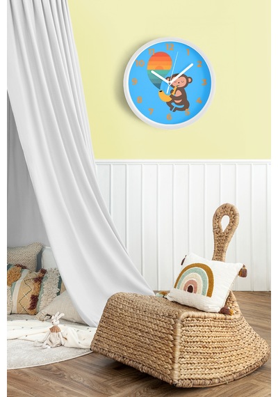 Saksafon Çalan Maymun Çocuk Odası Duvar Saati - 35cm - Önü Camlı Beyaz Kasa - Sessiz Mekanizma Beyaz