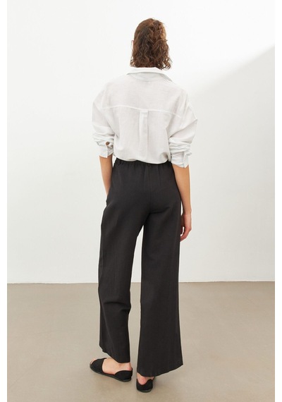 Stella Pulvis Siyah Keten Yüksek Bel Wide Leg Pantolon Siyah