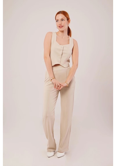 Defymoda Kalın Askılı Düğmeli Yelek Ve Pantolon Bej Takım Bej Defymoda Kalın Askılı Düğmeli Yelek Ve Pantolon Bej Takım Bej