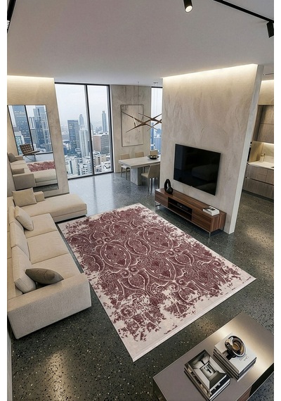 İpeksi Ip025l Gri Bordo Modern Desen Pamuk Taban Salon Mutfak Halısı Tozu Yok Grı-bordo