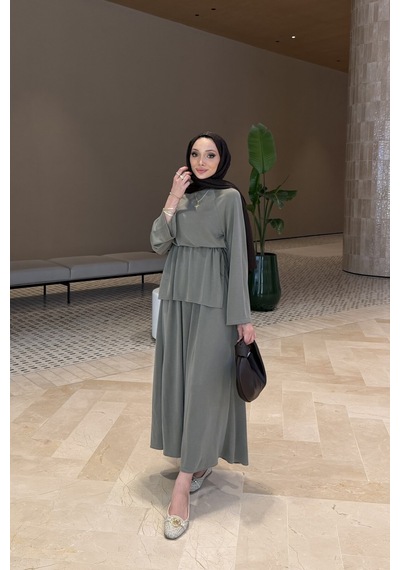 Riella Butik Ahen Oysho Kumaş Oversize Günlük Tesettür Takım Yeşil