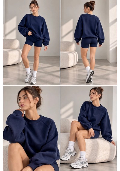 Bbbutikbasic Kadın Şardonlu 3 İplik Kısa Reglan Kol Sweatshirt My3535 Lacivert