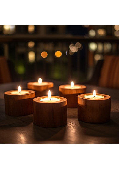 4'lü Doğal Ham Ahşap Tealight Mumluk Seti + 4 Adet Mum Hediyeli