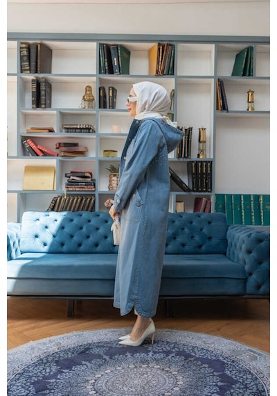 6329-taşlı Denim Kapşonlu Kap Mavi Mavi