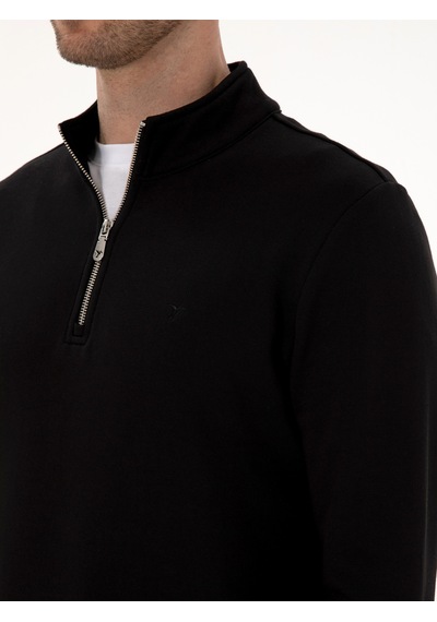 Siyah Regular Fit %100 Pamuk Yarım Fermuarlı Sweatshirt