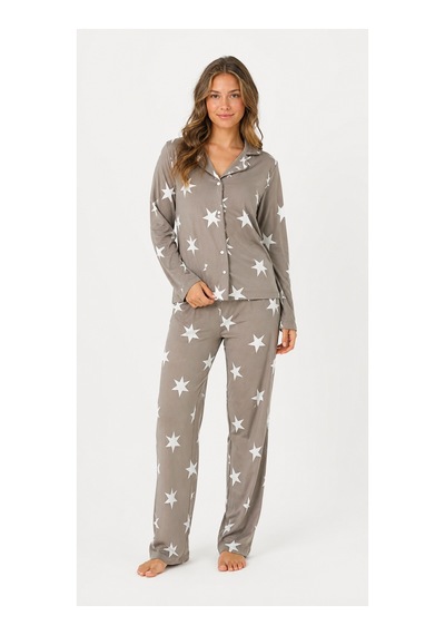 Sleeproom Kadın Süet Mevsimlik Uzun Kol Bej Yıldız Çizgi Desen Pijama Takımı