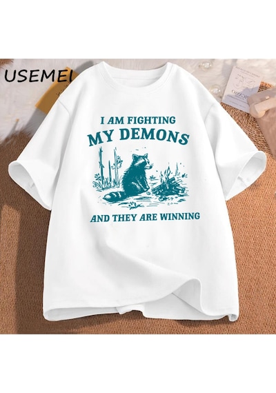 Flood Of Style Ben Benim Demons Rakun Meme T Shirt Mücadele Ediyorum Komik Grafik Baskılı Tişört Erkek Kadın Beyaz