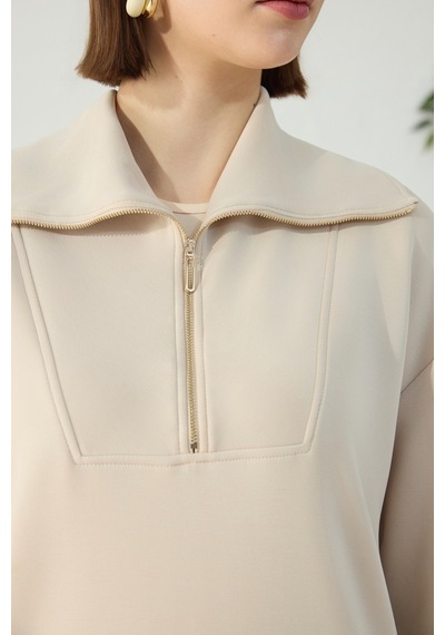 Aker Taş Yakası Ve Yan Yırtmaçları Fermuarlı Modal Sweatshirt Taş Taş