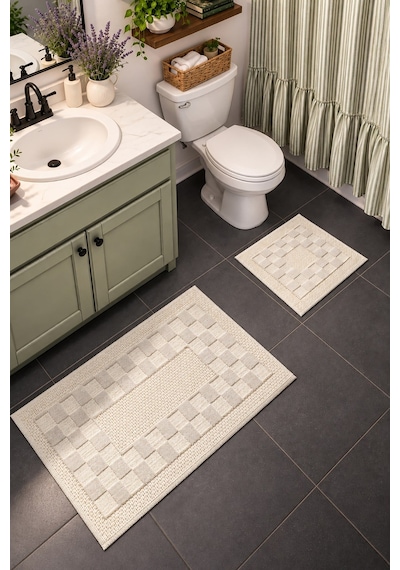Sakura Sk014a Doğal Pamuk 2'li Banyo Paspas Seti 60x100 60x50cm Kaymaz Taban Makinada Yıkanabilir Kemik