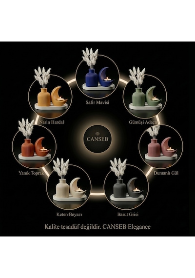 3lü Premium Avangard Hilal Ay Mumluk, Pampas Vazosu Seti - Tealight Mum Hediyeli