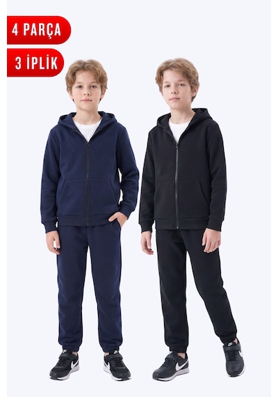 Fyk Kids 3 İplik Düz Erkek Çocuk Fermuarlı Kapüşonlu 2'li Eşofman Takımı 4 Parça Lacivert-siyah