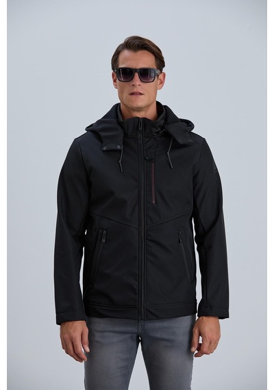 Pique Erkek Siyah Mont Kapüşonlu Erkek Softshell Mont